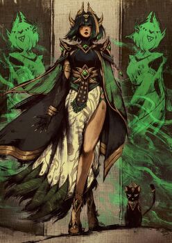 1girl adapted_costume akramness armlet ashru_(genshin_impact) black_cat bracelet cape cat claws closed_mouth commission dress elbow_gloves eye_tattoo fake_claws full_body genshin_impact gloves green_eyes green_hair green_pupils headpiece highres jewelry lips medium_hair nefer_(genshin_impact) shoes straight-on tattoo usekh_collar walking wind