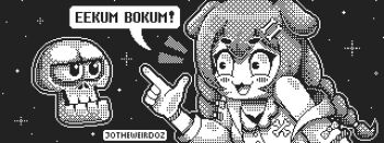 1girl :3 animal_ears artist_name banjo-kazooie blush bone_hair_ornament bow bracelet braid collared_shirt commentary dog_ears dog_girl english_commentary eyelashes hair_ornament hololive hololive_english inugami_korone inugami_korone_(1st_costume) jewelry jotheweirdo mumbo_jumbo_(banjo-kazooie) notice_lines open_mouth outline shirt single_bare_shoulder single_off_shoulder skull smile speech_bubble thick_eyebrows twin_braids twintails virtual_youtuber white_outline