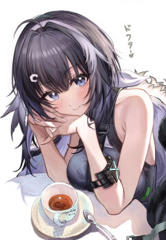 1girl absurdres ahoge arknights artist_name bare_shoulders black_eyes black_hair black_jacket black_shirt breast_rest breasts breasts_on_table commentary cup dated elbow_on_table feather_hair fur-trimmed_jacket fur_trim hair_ornament hairclip highres infection_monitor_(arknights) jacket jacket_on_shoulders la_pluma_(arknights) looking_at_viewer medium_breasts mogurine shirt short_hair simple_background sleeveless sleeveless_shirt solo teacup teaspoon translated white_background wing_hair_ornament