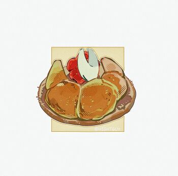 1girl artist_name cloak closed_eyes commentary croissant food halftone hashtag-only_commentary highres hightguy hollow_knight hornet_(hollow_knight) horns on_plate plate red_cloak sleeping solo square white_background