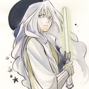 Rule 34 | 1girl, barash silvain, black circle, boots, braid, brown robe, circle, energy sword, gloves, green eyes, green lightsaber, holding, holding sword, holding weapon, jedi, jedi knight, lightsaber, long hair, official art, painting (medium), peach momoko, polka dot, robe, simple background, smoke, star (symbol), star wars, star wars: the high republic, sword, traditional media, two-tone robe, watercolor (medium), weapon, white background, white hair, white robe