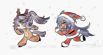 2girls ^_^ absurdres animal_costume animal_ears antlers bandaid bandaid_on_face bandaid_on_nose belt black_belt black_hair black_hairband black_shoes blunt_ends brown_gloves brown_hair chibi christmas clenched_hands closed_eyes closed_mouth coat cosplay dark-skinned_female dark_skin ears_through_headwear fake_antlers fang floating_hair fur-trimmed_coat fur-trimmed_headwear fur-trimmed_pants fur-trimmed_sleeves fur_trim gloves hair_between_eyes hairband happy hat highres hishi_amazon_(umamusume) horns horse_ears horse_girl horse_tail hwipa_(param_blue) kigurumi leg_up long_hair multiple_girls narita_brian_(umamusume) open_mouth pants pom_pom_(clothes) ponytail red_coat red_gloves red_hat red_pants reindeer_antlers reindeer_costume running santa_costume santa_hat shoes sidelocks simple_background sleeves_past_wrists smile snow snowing tail umamusume very_long_hair white_background yellow_eyes