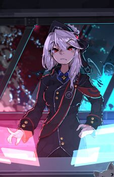 Rule 34 | 1girl, black necktie, black vest, blue shirt, cat, commission, cuff links, female focus, frown, hair bun, hair ribbon, hand on own hip, hat, highres, holographic interface, index finger raised, indoors, medium hair, military uniform, necktie, nia auroria, original, red eyes, ribbon, sash, shirt, shuuko (s h uuko), single hair bun, solo, space, spacecraft, united aurora federation, vest, white hair, window, wing collar