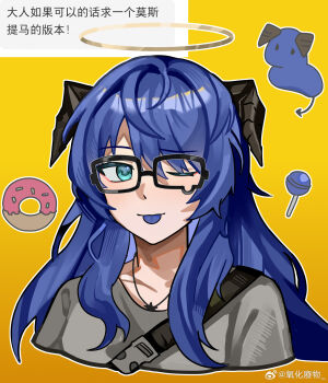 1girl ;p absurdres arknights black_horns blue_eyes blue_hair blue_tongue candy chinese_text colored_tongue cropped_shoulders donut food gradient_background grey_halo grey_shirt hair_between_eyes halo highres horns inset light_smile lollipop long_hair looking_at_viewer mostima_(arknights) one_eye_closed outline shirt solo t-shirt tongue tongue_out traditional_halo translation_request watermark weibo_watermark white_outline wwfo_2 yellow_background yellow_halo