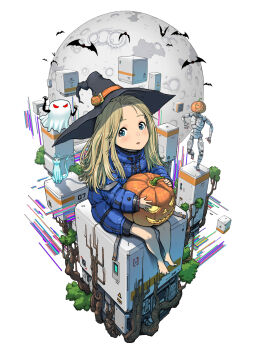 1girl android barefoot bat_(animal) blonde_hair blue_coat blue_eyes cat cho_yonghee coat commentary_request diana_(pragmata) ghost halloween hat highres long_hair looking_at_viewer moon official_art pragmata sitting witch_hat