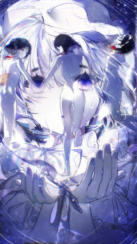 1girl :o absurdres alien_stage bai_k_jun birthday black_hair blood blood_from_neck blood_spray bonnet chinese_commentary commentary_request completely_nude dress frilled_bonnet frills from_behind hairband highres holding_hands multiple_persona nude parted_lips purple_eyes short_hair sua_(alien_stage) tears white_dress white_hairband