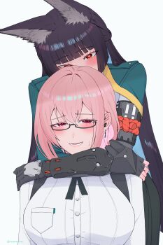 2girls absurdres animal_ears black_gloves black_hair blush earrings fingerless_gloves fox_ears fox_girl gauntlets glasses gloves highres hoshimi_miyabi jewelry long_hair multiple_girls open_mouth pink_hair red_eyes rirypractices simple_background tsukishiro_yanagi upper_body white_background yuri zenless_zone_zero