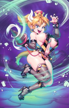 1girl armlet bare_shoulders black_footwear black_thighhighs blonde_hair blue_eyes bowsette breasts claw_pose detached_sleeves drill_hand earrings fingernails full_body high_heels highres horns jewelry large_breasts leotard long_hair looking_at_viewer mario_(series) monster_girl navel new_super_mario_bros._u_deluxe nintendo open_mouth pointy_ears ponytail revealing_clothes sharp_fingernails sideboob skindentation smile solo spiked_armlet super_crown super_mario_bros._wonder supersatanson tail thighhighs