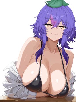 1girl bikini black_bikini breasts cleavage commentary crossed_bangs eggplant english_commentary highres indie_virtual_youtuber large_breasts leaf leaf_on_head open_clothes open_shirt orange_eyes pixel_art purple_hair sachiihappy sethchamachama shirt sidelocks smile solo swimsuit symbol-shaped_pupils virtual_youtuber