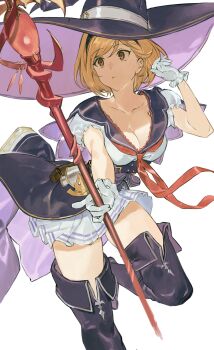 Rule 34 | 1girl, absurdres, black boots, black capelet, black hairband, black hat, blonde hair, boots, breasts, brown eyes, capelet, cleavage, commentary request, djeeta (granblue fantasy), frilled gloves, frills, gloves, granblue fantasy, hairband, hashibiro kou (garapiko p), hat, highres, holding, holding staff, large breasts, looking to the side, low-cut, neckerchief, pleated skirt, puffy short sleeves, puffy sleeves, purple hat, red neckerchief, shirt, short hair, short sleeves, simple background, skirt, solo, staff, thigh boots, warlock (granblue fantasy), white background, white gloves, white shirt, witch hat