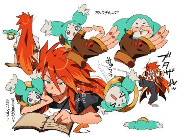 Rule 34 | 1boy, black pants, black shirt, book, brown gloves, commentary request, creature, elbow rest, fingerless gloves, gloves, green eyes, grgrton, hair between eyes, holding, holding pen, jacket, kicking, long hair, luke fon fabre, mieu (tales), multiple views, open book, open mouth, pants, pen, red hair, shirt, short sleeves, spiked hair, tales of (series), tales of the abyss, translation request, white jacket, writing