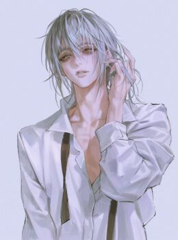 Rule 34 | 1boy, character request, collared shirt, commentary request, copyright request, grey hair, hand in own hair, highres, korean commentary, lips, looking to the side, male focus, medium hair, necktie, nose, parted lips, partially open shirt, shirt, simple background, slit pupils, solo, undone necktie, upper body, white background, white shirt, yellow eyes, zero q 0q