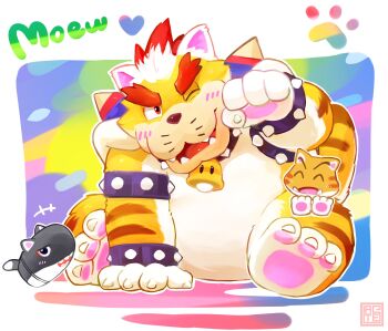 Rule 34 | +++, 1boy, 2others, animal ears, armlet, bell, blush, bowser, bracelet, bullet bill, cat ears, claws, collar, colored tips, commentary request, english text, engrish text, fangs, furry, furry male, goomba, highres, jewelry, korean commentary, lates312, looking at viewer, mario (series), meowser, multicolored hair, multiple others, nintendo, one eye closed, orange fur, paw pose, pawpads, ranguage, sitting, smile, spiked armlet, spiked bracelet, spiked collar, spikes, striped fur, white hair