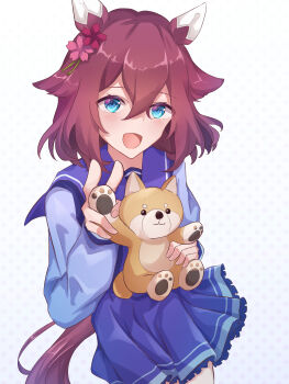 1girl absurdres animal_ears blue_eyes blush breasts commentary_request cowboy_shot flower hair_between_eyes hair_flaps hair_flower hair_ornament highres holding holding_stuffed_toy horse_ears horse_girl looking_at_viewer petticoat pitsugi pleated_skirt purple_serafuku sakura_chiyono_o_(umamusume) school_uniform serafuku skirt smile solo stuffed_animal stuffed_dog stuffed_toy tracen_school_uniform umamusume v white_background winter_uniform