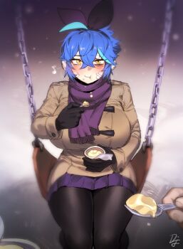 1girl bandages blue_hair breasts bruise bruise_on_face commentary dif_(difman) difman eating english_commentary food green_eyes hair_ribbon highres holding holding_spoon injury large_breasts leggings looking_at_viewer on_swing original pov pov_hands pudding purple_scarf ribbon scarf short_hair snow spoon swing swing_set very_short_hair