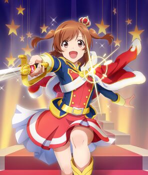 Rule 34 | 1girl, :d, aijou karen, belt, blue jacket, boots, breasts, brown eyes, brown hair, buttons, crown, diffraction spikes, dot nose, double-breasted, dress, feet out of frame, fur-trimmed jacket, fur trim, game cg, glint, hand up, holding, holding sword, holding weapon, jacket, jacket on shoulders, knee boots, knee up, long sleeves, looking at viewer, medium hair, mini crown, official art, open mouth, outstretched arm, red crown, red dress, red jacket, short twintails, shoujo kageki revue starlight, small breasts, smile, solo, sparkle, stairs, standing, standing on one leg, star (symbol), star ornament, sword, third-party source, tilted headwear, toji no miko, toji no miko: kizamishi issen no tomoshibi, twintails, weapon, yellow belt, yellow boots