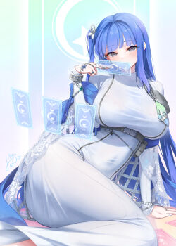1girl aeon_ion arcana_(nikke) arm_pouch arm_support arm_up belt_pouch blue_hair blunt_bangs blush bra bracelet breasts card commentary commentary_request dated dress earrings english_commentary floating_card gem goddess_of_victory:_nikke green_gemstone grey_eyes hair_intakes highres holding holding_card hologram jewelry large_breasts long_dress long_sleeves looking_at_viewer lying on_ground pouch ring see-through_bra see-through_clothes sidelocks signature silver_nails smile solo tarot tarot_card tight_clothes tight_dress underbust underwear white_background white_dress zipper_dress