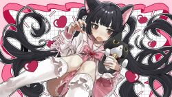 Rule 34 | 1girl, absurdres, animal ears, black hair, blouse, blunt bangs, brooch, cat ears, cat girl, claw pose, fang, frilled skirt, frilled socks, frills, hair ribbon, heart, heart brooch, highres, holding, holding stuffed toy, jewelry, kneehighs, long hair, open mouth, original, panties, pantyshot, pink ribbon, pink sailor collar, pink skirt, pleated skirt, red eyes, ribbon, sailor collar, shirt, skirt, socks, solo, stuffed animal, stuffed cat, stuffed toy, tachibana wataru (123tsuki), twintails, underwear, v-shaped eyebrows, very long hair, white shirt, white socks