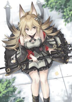 1girl absurdres animal_ears arknights black_coat blonde_hair breasts breeze_(arknights) cleavage coat commentary_request cross feet_out_of_frame frilled_coat frills from_above greek_cross grey_eyes hair_between_eyes highres holding holding_staff light_blush long_hair long_sleeves medium_breasts off_shoulder parted_lips partial_commentary semi_colon sitting solo staff