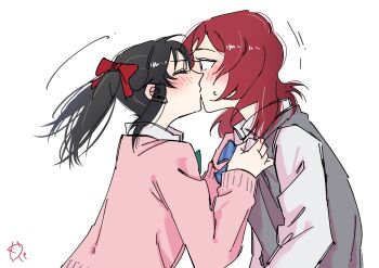 2girls black_hair blue_bow blue_bowtie blush bow bowtie closed_eyes clothes_grab collared_shirt commentary_request green_bow green_bowtie grey_sweater_vest hair_bow highres kiss love_live! love_live!_school_idol_project medium_hair multiple_girls nishikino_maki otonokizaka_school_uniform pink_sweater red_bow red_hair school_uniform shirt simple_background surfacedxxc sweater sweater_vest twintails white_background white_shirt yazawa_nico yuri