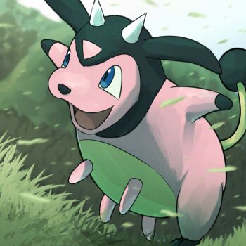 absurdres animal_ears animal_focus blue_eyes commentary_request cow cow_ears cow_horns cow_tail gen_2_pokemon grass highres horns miltank nintendo no_humans open_mouth outdoors pokemon pokemon_(creature) pokemon_focus spicyichizo tail udder