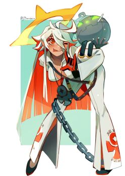 ankh_necklace arched_back ball_and_chain_restraint belt black_gloves black_shoes blue_background bodysuit borcheim breasts candy chain cleavage collarbone colored_inner_hair dorpos food full_body gloves guilty_gear guilty_gear_xrd halo highres jack-o'_valentine leaning_forward legs_apart lollipop lollipop_in_mouth long_hair long_sleeves medium_breasts multicolored_hair multiple_belts one_eye_closed red_eyes red_hair shoes simple_background solo spiked_halo standing two-tone_background two-tone_hair very_long_hair white_background white_bodysuit white_hair yellow_halo