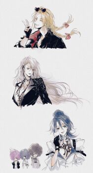 1boy 5girls adela_(path_to_nowhere) afro alternate_hairstyle beard_stubble black_coat black_gloves black_hair black_jacket blonde_hair blue_eyes blue_hair braid breasts breasts_apart chief_(path_to_nowhere) chinese_commentary coat collarbone commentary cropped_torso donald_(path_to_nowhere) earclip eyewear_on_head facial_hair female_chief_(path_to_nowhere) fingerless_gloves gloves grey_background grey_hair hair_between_eyes hair_over_one_eye half_updo heart heart-shaped_eyewear hecate_(path_to_nowhere) hella_(path_to_nowhere) highres holding_napkin jacket jitome long_hair medium_hair mitsukyou mole mole_on_breast multicolored_hair multiple_girls no_bra one_eye_closed open_clothes open_jacket parted_bangs parted_lips path_to_nowhere pink_hair purple_eyes purple_lips smile streaked_hair stubble sunglasses sweat tinted_eyewear twin_braids v very_long_hair white_jacket wiping_sweat yellow_eyes zoya_(path_to_nowhere)