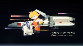 1boy artist_name astromech_droid black_background blonde_hair blue_eyes boots box brown_boots brown_gloves chinese_commentary closed_mouth commentary_request confetti droid full_body gift gift_box gloves happy_new_year helmet highres holding holding_unworn_helmet long_sleeves luke_skywalker male_focus new_year olopheris r2-d2 rebel_flight_suit shooting_star short_hair signature simple_background smile solo spacecraft sparkle star_wars starfighter t-65_x-wing twitter_username unworn_helmet x-wing