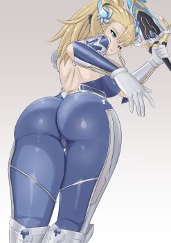 Rule 34 | 1girl, ass, blonde hair, blue bodysuit, blue horns, bodysuit, bodysuit pull, breasts, cameltoe, commentary, english commentary, from behind, from below, gloves, grey background, highres, holding, holding sword, holding weapon, horns, impossible bodysuit, impossible clothes, large breasts, long hair, meme, propips, ragnarok sinmara, simple background, solo, sword, taimanin (series), taimanin suit, variant set, weapon, white gloves, wilhelmina stretch (meme)