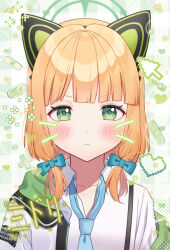Rule 34 | 1girl, :&lt;, animal ear headphones, animal ears, bandaid, blonde hair, blue archive, blue bow, blue necktie, blush, bow, closed mouth, collarbone, collared shirt, cursor, drawn whiskers, dress shirt, fake animal ears, green eyes, hair bow, halo, headphones, heart, hood, hood down, hooded jacket, jacket, kubong, looking at viewer, midori (blue archive), necktie, off shoulder, open clothes, open jacket, pixelated, plaid, plaid background, shirt, solo, suspenders, upper body, white jacket, white shirt