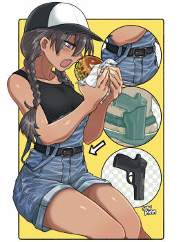 1girl arrow_(symbol) baseball_cap belt black_belt black_hat black_panties black_shirt blush braid brown_hair burger cb_(c-board) collarbone commentary_request dark-skinned_female dark_skin denim denim_overalls eating fingernails food gun handgun hat highres holding holding_burger holding_food holster holstered multiple_views open_mouth original panties purple_eyes shirt simple_background smith_&amp;_wesson_model_3914 teeth twin_braids two-tone_headwear underwear upper_teeth_only weapon white_background white_hat yellow_background