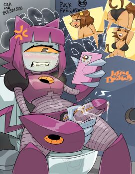 1futa 1girl 1other anger_vein animal_ears ass blush bra brown_hair cat_ears cat_girl cat_tail cellphone cum erection furry furry_female futanari futanari_masturbation gameoverse hand_on_own_penis highres jiffy_draws kit_bodega malice_(gameoverse) masturbation mechanical_arms mechanical_legs mechanical_penis multiple_girls one-eyed penis phone red_eyes robot_girl sharp_teeth short_hair smartphone tail teeth toilet underwear