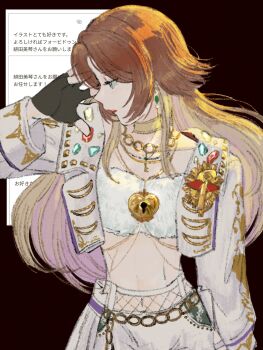 Rule 34 | 1girl, absurdres, aketa mikoto, bad id, bad twitter id, black gloves, blonde hair, blue eyes, breasts, brown hair, choker, crop top, fingerless gloves, gem, gloves, gold trim, gradient hair, green gemstone, hand up, highres, idol clothes, idolmaster, idolmaster shiny colors, jacket, jewelry, jiro 26, keyhole, long hair, multicolored hair, navel, necklace, odaibako, parted lips, profile, red gemstone, red lips, request inset, shorts, solo, standing, translation request, white jacket, white shorts