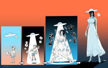 1boy 1girl 2channel age_progression bandaged_leg bandages baseball_cap black_hair butterfly_net comic dated dress flying_saucer genderswap genderswap_(mtf) gradient_background hand_net hasshaku-sama hat high_heels highres japanese_urban_legends long_hair looking_up mado_(mukade_tou) sequential short_hair shorts spacecraft sun_hat transformation translation_request ufo