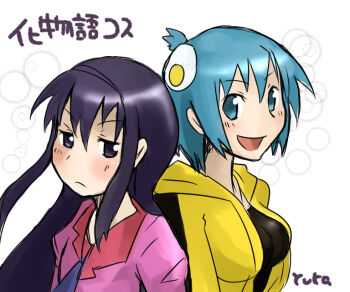 Rule 34 | 2girls, :d, akemi homura, araragi karen, araragi karen (cosplay), back-to-back, bad id, bad pixiv id, black hair, blue eyes, blue hair, cosplay, egg (food), food, fried egg, hair ornament, hairband, kitamura eri, long hair, looking at viewer, mahou shoujo madoka magica, mahou shoujo madoka magica (anime), miki sayaka, monogatari (series), multiple girls, open mouth, purple eyes, saitou chiwa, school uniform, senjougahara hitagi, senjougahara hitagi (cosplay), short hair, signature, simple background, smile, translation request, voice actor connection, white background, yukasuke