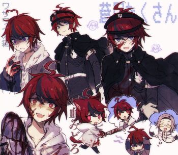 4boys :d ahoge aotsuki_eito armband black_cape black_gloves black_jacket black_streaks blood blood_on_clothes blood_on_face blood_on_hands blue_eyes blue_jacket bright_pupils cape chibi chibi_inset circular_saw commentary corruption dark_persona doodle_inset gakuran gesshoku3 glasses gloves grey_hair grey_jacket hacksaw hands_on_own_head headgear highres holding_hacksaw holding_saw hole_in_chest hole_on_body hood hoodie image_in_thought_bubble jacket jacket_over_hoodie last_defense_academy_school_uniform looking_at_viewer male_focus multicolored_hair multicolored_jacket multiple_boys multiple_persona multiple_views official_alternate_eye_color open_mouth pants possessed possession purple_eyes red_hair ringed_eyes saw school_uniform short_hair smile spoilers streaked_hair sumino_takumi sweat sweatdrop symbol-only_commentary takumi-g_(hundred_line) tearing_up the_hundred_line_-last_defense_academy- translation_request two-tone_jacket white_armband white_background white_gloves white_hoodie white_jacket white_pupils wide-eyed