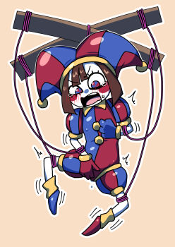 akmymz blush body_control brown_hair female_masturbation forced_masturbation hat highres jester jester_cap masturbation open_mouth pomni_(the_amazing_digital_circus) pussy_juice symbol-shaped_pupils the_amazing_digital_circus