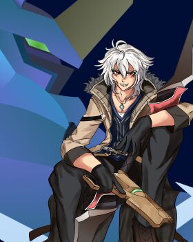 Rule 34 | 1boy, 1other, absurdres, ahoge, artist name, black gloves, coat, commentary, crow armbrust, double-parted bangs, eiyuu densetsu, english commentary, fur trim, gloves, grin, gun, hair between eyes, handgun, highres, holding, holding gun, holding weapon, jewelry, looking at viewer, mecha, mullet, ordine, parted lips, pendant, red eyes, robot, sen no kiseki, sen no kiseki (series), sen no kiseki iv, short hair, sitting, smile, twzettai, weapon, white hair