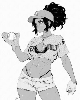 1girl abs absurdres ball baseball_(object) baseball_cap baseball_glove bra breasts commentary cowboy_shot dark-skinned_female dark_skin greyscale hat highres jewelry large_breasts looking_ahead miregeist monochrome navel necklace original panty_straps parted_lips partially_unbuttoned shirt short_hair short_shorts short_sleeves shorts simple_background solo stomach symbol-only_commentary toned toned_female underwear white_background
