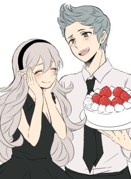 1boy 1girl aomeeso bad_link cake female_corrin_(fire_emblem) fire_emblem fire_emblem_fates food green_eyes grey_hair holding holding_cake holding_food necktie nintendo open_mouth quiff silas_(fire_emblem)