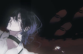 1girl absurdres black_choker blood blood_on_flower bloody_footprints chainsaw_man choker death flower grenade_pin grey_eyes highres huhaha09 lying nosebleed on_back purple_hair reze_(chainsaw_man) shirt solo spoilers white_flower white_shirt