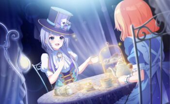 2girls :d blonde_hair blue_capelet blue_eyes blue_hair blurry blurry_background blurry_foreground blush bow capelet chair commentary_request cup depth_of_field food game_cg hat highres holding indoors long_hair looking_at_another mini_hat motosu_towa multiple_girls official_art open_mouth senju_iroha short_hair short_sleeves sitting smile standing table teacup teapot third-party_source tiered_tray top_hat world_dai_star