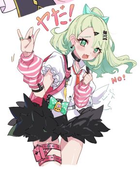 Rule 34 | 1girl, @ @, afterimage, amaton707, arm warmers, bandaid, bandaid hair ornament, black choker, black skirt, blush, choker, cowboy shot, earrings, fang, frilled sleeves, frills, fur-trimmed skirt, fur trim, green eyes, green hair, hair ornament, hand up, heart, heart hair ornament, highres, jewelry, motion lines, multiple hair clips, multiple thigh straps, musical note earrings, necktie, open mouth, pink arm warmers, pink bag, pink nails, red necktie, ring, shirt, simple background, skin fang, skirt, solo, striped arm warmers, sunna (zenless zone zero), thigh strap, white background, white shirt, white wings, winged bag, wings, zenless zone zero