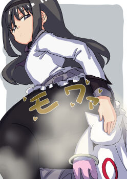 1girl 1other akemi_homura akemi_homura_(magical_girl) ass black_hair black_hairband black_pantyhose black_shirt collared_shirt commentary_request face_in_ass fart femdom frilled_skirt frills from_below hairband heart highres jitome kyubey long_hair long_sleeves looking_down magical_girl mahou_shoujo_madoka_magica mahou_shoujo_madoka_magica_(anime) neck_ribbon pantyhose purple_eyes purple_ribbon ribbon shirt skirt smell smelling smelling_ass tonkatsujin_f tsurime vest white_shirt white_vest