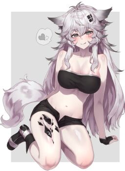 1girl animal_ears arknights bandeau bare_arms bare_shoulders black_bandeau black_gloves black_shorts blush border breasts cleavage collarbone commentary_request crop_top fingerless_gloves full_body gloves grey_background grey_eyes grey_hair grey_tail groin hair_between_eyes hair_ornament hairclip heart lappland_(arknights) large_breasts long_hair looking_at_viewer material_growth midriff navel open_fly oripathy_lesion_(arknights) outside_border scar scar_across_eye scar_on_face short_shorts shorts sicsic49 sidelocks simple_background sitting solo spoken_heart strapless tail white_border wolf_ears wolf_girl wolf_tail