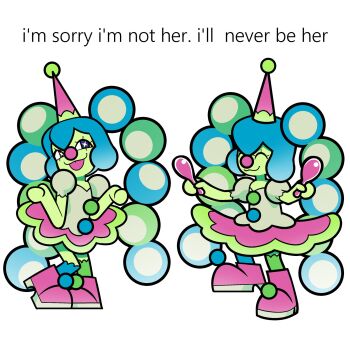 Rule 34 | + +, 2girls, :3, :p, alternate costume, alternate hairstyle, blue eyes, blue hair, blue socks, clown, clown nose, eerieelixir, english text, green hair, green socks, green trim, hat, hatsune miku, highres, holding, holding spoon, long hair, low block heels, marbles (vocaloid), mismatched socks, multi-tied hair, multicolored hair, multiple girls, multiple views, official art, party hat, pink hat, pink shoes, pink skirt, pom pom (clothes), puffy sleeves, shirt, shoes, shrugging, simple background, skirt, socks, sparkling eyes, spoon, tongue, tongue out, toon (style), twintails, vocaloid, white background, white shirt