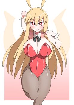 1girl absurdres akitokage arm_behind_head arm_up bare_shoulders blonde_hair breasts brown_pantyhose cleavage detached_collar energy_wings fate/grand_order fate_(series) head_wings highleg highleg_leotard highres large_breasts leotard long_hair looking_at_viewer pantyhose red_eyes red_leotard sidelocks smile solo thighs thrud_(fate) valkyrie_(fate) wings wrist_cuffs