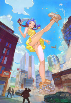 1girl ahoge bare_shoulders blue_eyes breasts building character_request city cloud cloudy_sky copyright_request dress from_behind giant giantess long_hair open_mouth panties purple_hair shoes sky skyscraper small_breasts sneakers solo standing teeth underwear upper_teeth_only white_panties yellow_dress yugen99