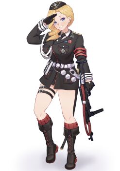 Rule 34 | 1girl, absurdres, armband, azur lane, belt, black boots, black gloves, black jacket, black necktie, blonde hair, blue eyes, blush, boots, brown eyes, collared shirt, colored shoe soles, cosplay, cross, full body, garrison cap, girls' frontline, gloves, gun, gun sling, half gloves, hand up, hat, highres, holding, holding gun, holding weapon, holster, hood (azur lane), iron cross, jacket, knee boots, lace-up boots, long sleeves, medal, military, military uniform, mp40, mp40 (girls' frontline), mp40 (girls' frontline) (cosplay), necktie, nyle404, pouch, salute, scabbard, sheath, sheathed, shirt, simple background, solo, submachine gun, sword, thigh strap, weapon, white background, white belt, white shirt