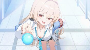 1girl aqua_necktie armband artist_request bent_over black_skirt blonde_hair blue_jacket bra bra_peek breasts brown_shoes candy carina_gentile cellphone cleavage commentary_request food game_asset gyaru hair_between_eyes highres holding holding_candy holding_food holding_lollipop holding_phone jacket jewelry large_breasts lollipop long_hair looking_at_viewer multicolored_jacket muv-luv muv-luv_girls_garden nail_polish necklace necktie official_art open_mouth phone shirt shoes skirt smartphone solo third-party_source underwear white_jacket white_shirt